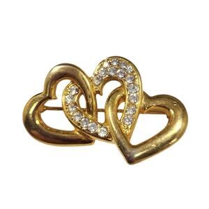 Vintage 80s Rhinestone Triple Heart Intertwined Goldtone Brooch